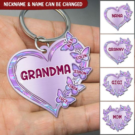 Discover Grandma-Mom Violet Heart Butterfly Kids Mother's Day Personalized Acrylic Keychain
