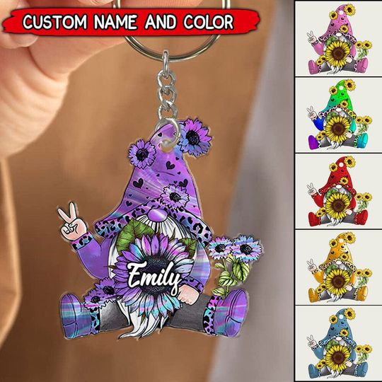 Discover Colorful Sunflower Gnome Custom Name Personalized Acrylic Keychain