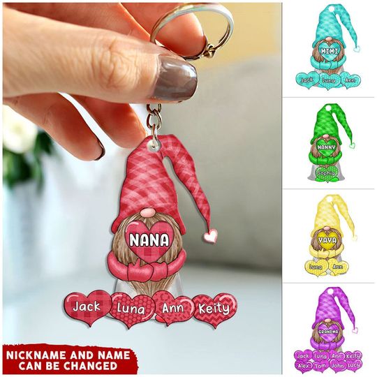 Discover Nana, Mimi, Grandma Gnome Heart Love Grandkids Personalized Acrylic Keychain