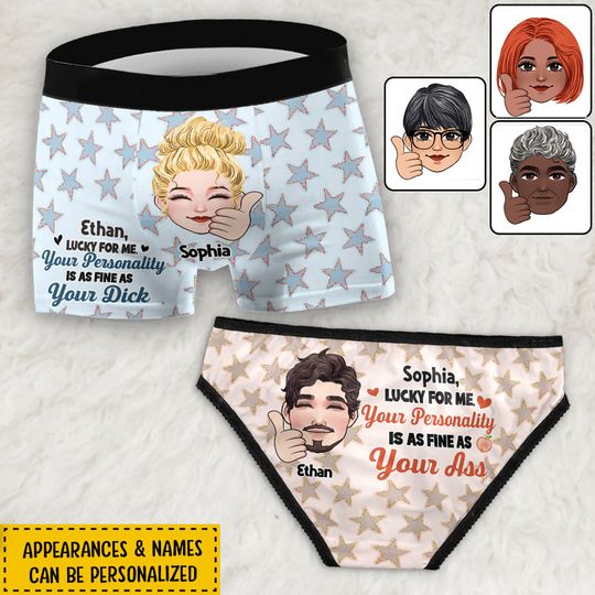 Discover Lucky For Me Custom Portrait Couple Lace Border Women Briefs And Men’s Boxer Set