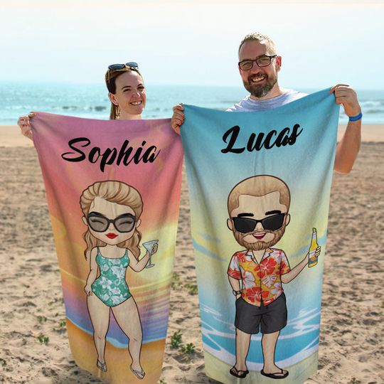 Discover Chibi Couple Summer Holiday - Personalized Beach Towel - Gift For Couples, Husband & Wife
