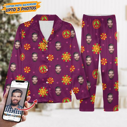 Discover Custom Face Photo With Decoration Hippie Family Matching Long Pajamas