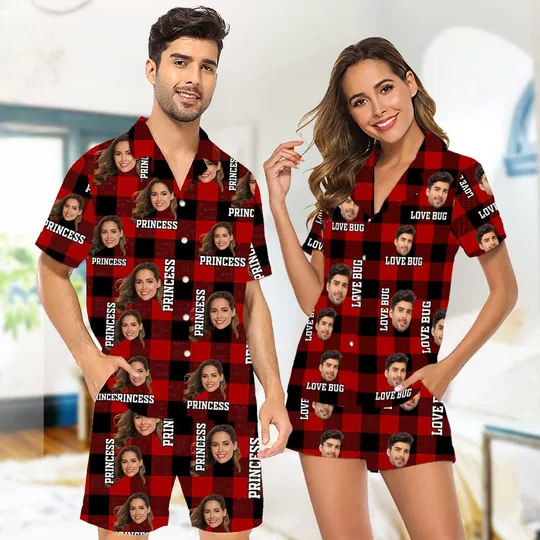 Discover Custom Photo Name Dog Cat Couple Matching Short Pajamas
