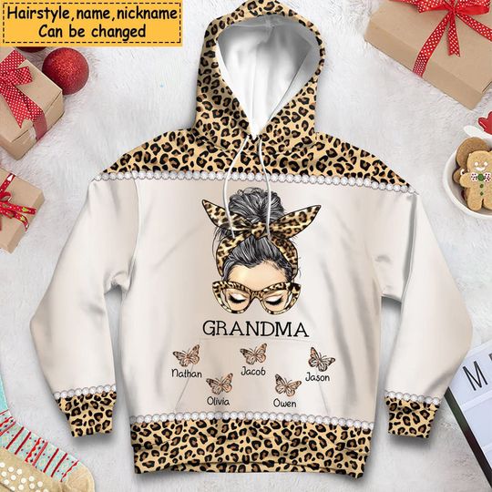 Discover Messy Bun Grandma Mom Nana Leopard Butterfly Kids 3D Hoodie