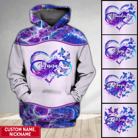 Discover Customized Nana Mom Heart Butterflies Christmas Gift Xmas Family Present Multi Color Hoodie 3D