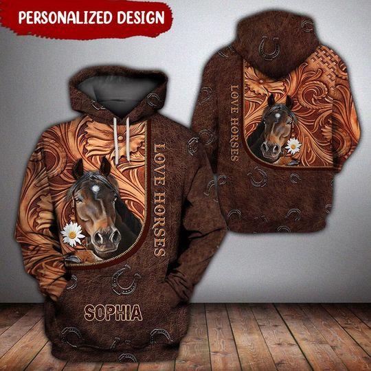 Discover Love Horses Leather Pattern Personalized 3D Hoodie