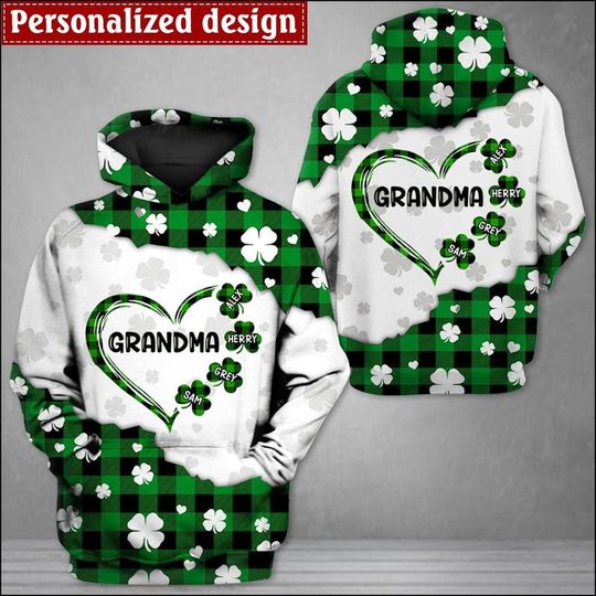 Discover Grandma Mom Heart Lucky Leaves Kids Patrick Day Personalized 3D Hoodie