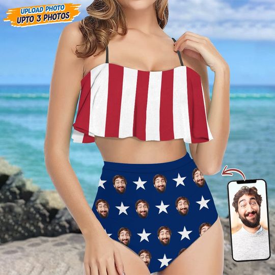 Discover Custom Face Photo American Flag Women's Ruffled Vest Bikini Swimsuit