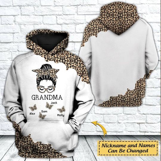 Discover Personalized Grandma Mom Bun Hair Butterfly Leopard Design Personalized 3D Hoodie