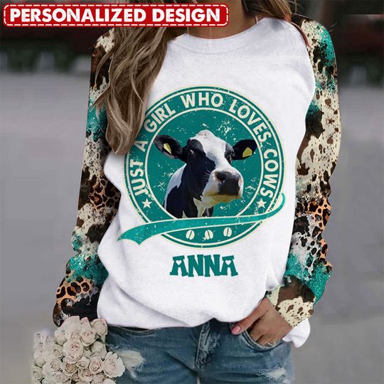 Discover Cowhide Leopard Turquoise Glitter Just A Girl Who Loves Cows Cattle Farm Highland Holstein Cow Personalized 3D Sweatshirt