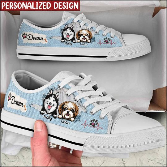 Discover Puppy Pet Dog Lovers Custom Name And Dog Breed Denim Pattern Personalized Low Top Sneakers