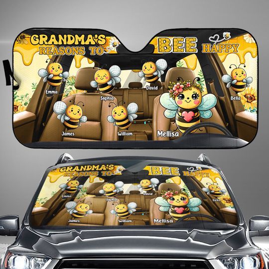Discover Grandma's Reasons To Bee Happy - Personalized Grandma Car Sunshade