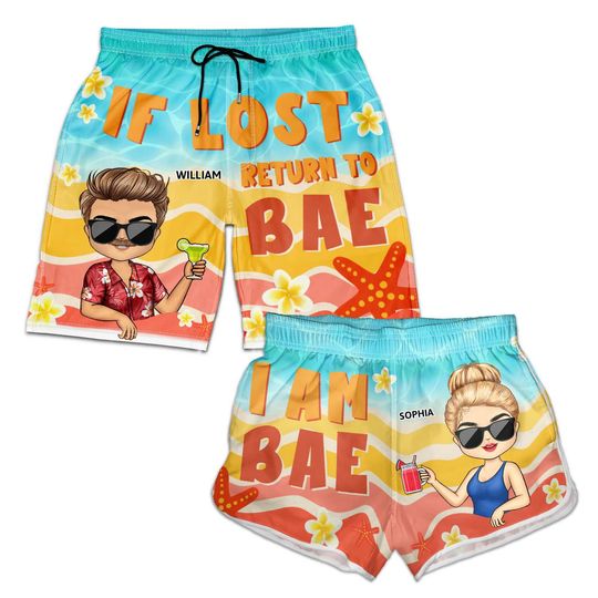 Discover If Lost Return To Bae Couple - Anniversary Gift For Husband, Wife, Boyfriend, Girlfriend Custom Couple Beach Shorts