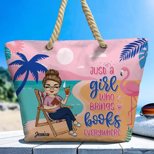 Discover Just A Girl Who Brings Books Everywhere Custom Bookish Girl - Personalized Beach Bag