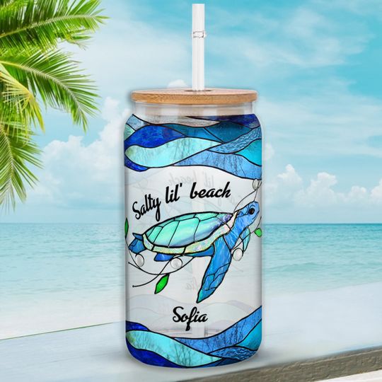 Discover Salty Lil' Beach Blue Ocean Summer Vibes - Personalized Turtle Can Glass