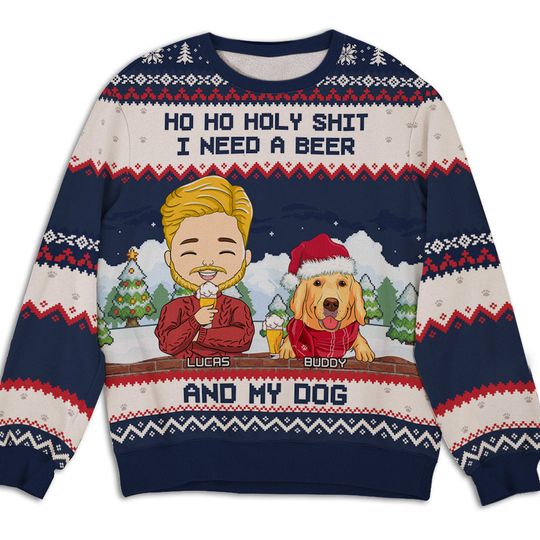 Discover Beer And Dog Lover Custom Pet Father Personalized Christmas Ugly Sweatshirt