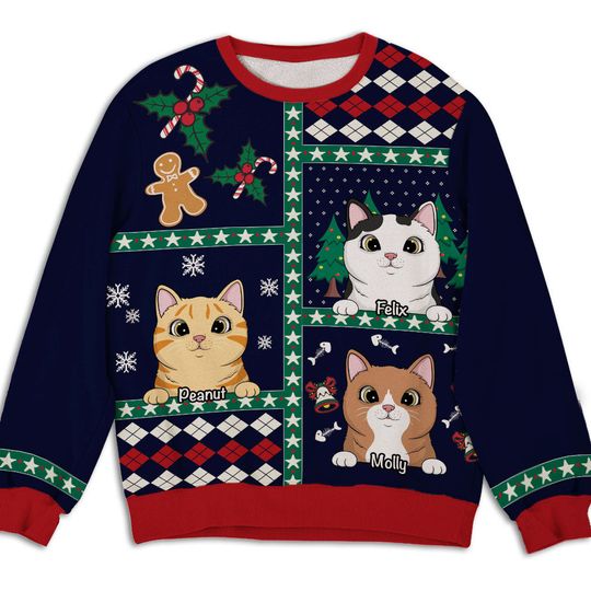 Discover Peeking Cat Patchwork Christmas Pattern Personalized Pet Parent Custom Ugly Sweatshirt