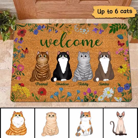 Discover Floral Frame Fluffy Cats Custom Welcom To Pets Lover House Personalized Doormat