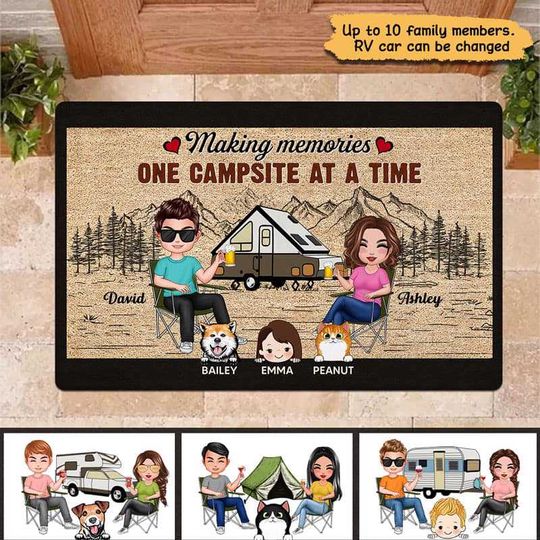 Discover Camping Doll Couple Kids Dogs Cats Custom Pets Lover House Personalized Doormat