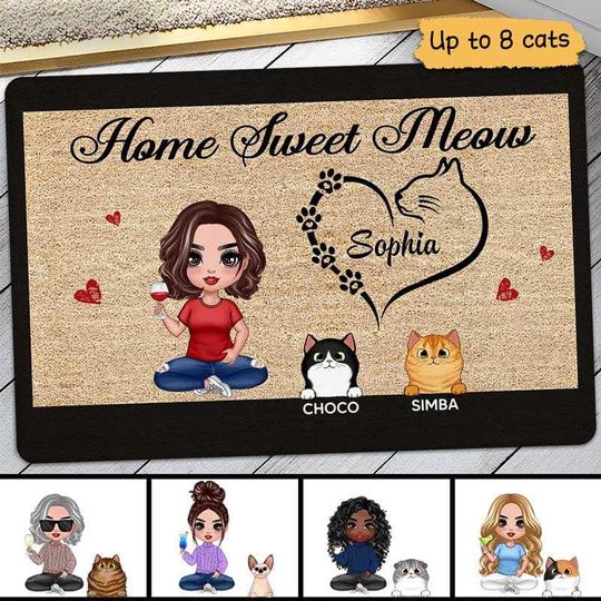 Discover Home Sweet Meow Doll Woman And Cats Personalized Doormat