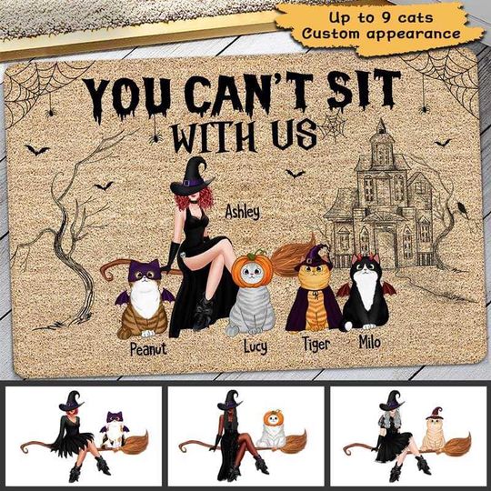 Discover You Can‘t Sit With Us Cat Mom Halloween Personalized Doormat
