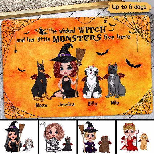 Discover Halloween Doll Wicked Witch And Little Monsters Cute Sitting Dog Personalized Doormat