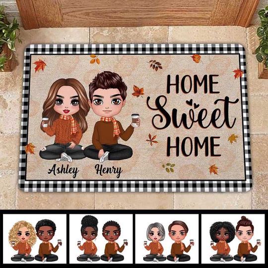 Discover Fall Season Home Sweet Home Doll Couple Housewarming Gift Personalized Doormat