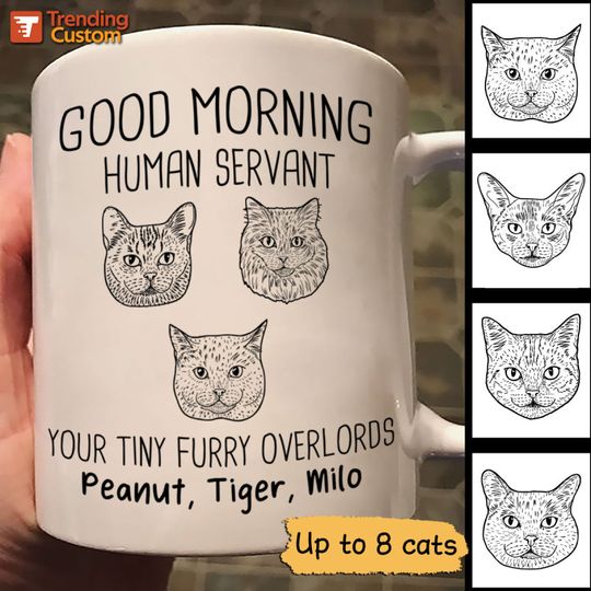 Discover Good Morning Custom Human Servant Cat Head Outline Personalized Mug