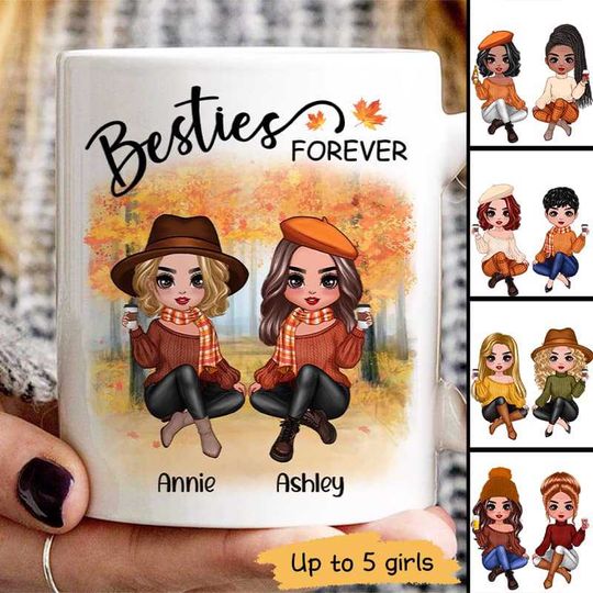 Discover Doll Best Friends Besties Sitting Fall Season Custom BFF Personalized Mug