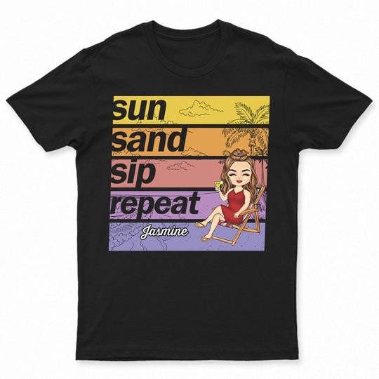 Discover Sun Sand Sip Repeat Beach Vacation Traveling Lovers Custom Personalized Unisex T-Shirt