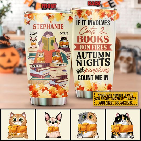 Discover Autumn Book Cat And Fall Lovers Count Me In Personalized Custom Stainless Steel Tumbler