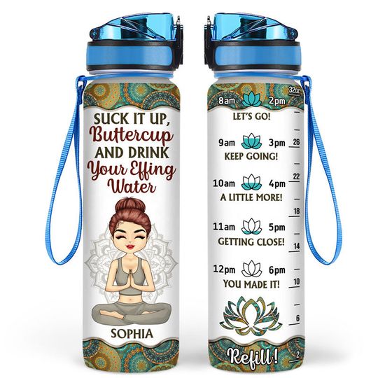 Discover Suck It Up Butter Cup Drink Your Effing Water Yoga Lover Personalized Water Tracker Bottle