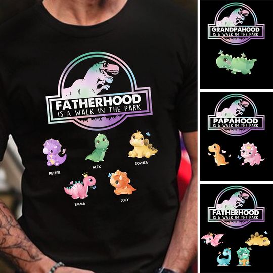 Discover Fatherhood Is A Walk Dinosaur Dad Custom Personalized Father's Day Grandpa T-Shirt