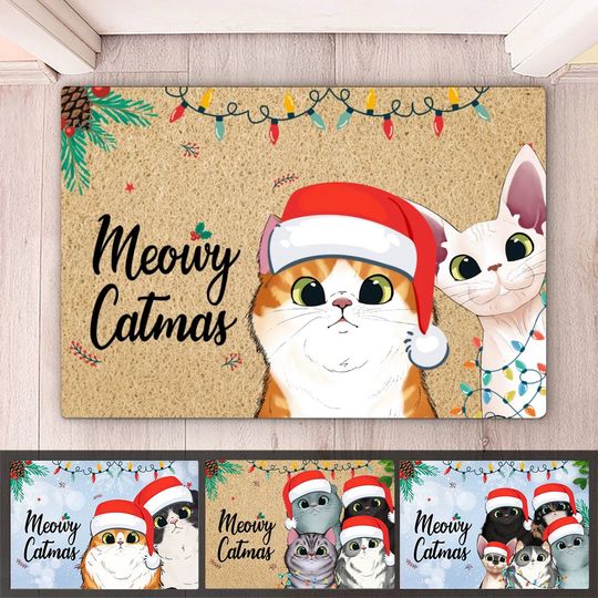 Discover Cat Lover -  Meowy Catmas Cute Peeking Fluffy Cat Christmas - Personalized Doormat