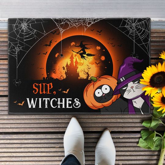 Discover Sup, Withes Halloween Cats- Personalized Doormat