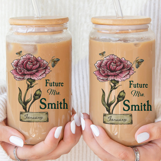 Discover Future Mrs. Or Mr. With Birth Flower - Personalized Clear Glass Cup