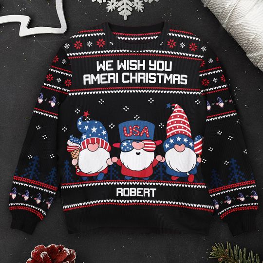 Discover America Gnome We Wish You Ameri Christmas - Personalized Ugly Sweater