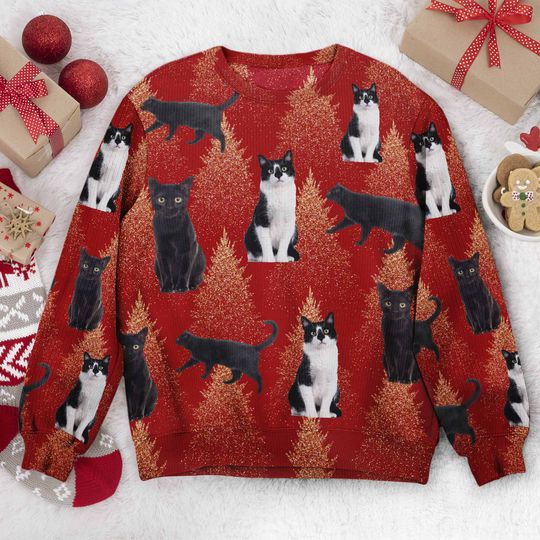 Discover Custom Photo Black Cats Family, Pets, Friend Red Christmas - Personalized Photo Ugly Sweater