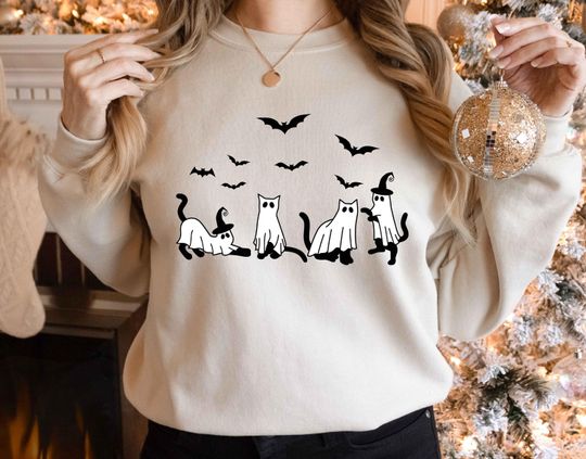 Discover Bluza na Halloween, bluza z kotem, bluza z duchem, bluza z czarnym kotem