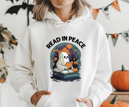 Discover Bluza z kapturem „Czytaj w pokoju”, urocza bluza z duchem Halloween, bluza z kapturem bibliotekarza, prezent dla miłośnika książek