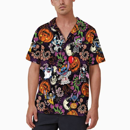 Discover Strój Hawaii z Uroczym Stitch z Disney'a na Halloween, Koszulka z Guzikami z Straszną Dynią