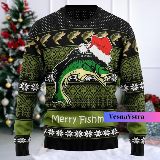 Discover Brzydki świąteczny sweter wędkarski, sweter Merry Fishmas