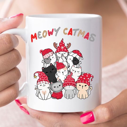 Discover Meowy Catmas, kubek na Boże Narodzenie z zabawnymi kotami.