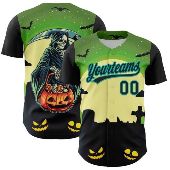 Discover Niestandardowa zielona czarna koszulka baseballowa na Halloween