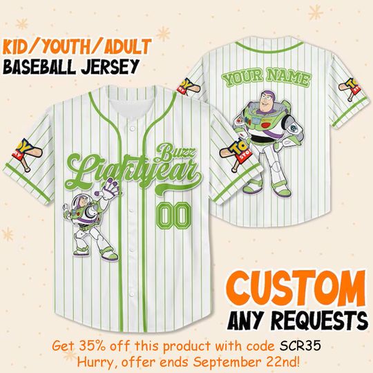 Discover Personalizowana koszulka baseballowa z Buzzem Lightyear z filmu 'Toy Story