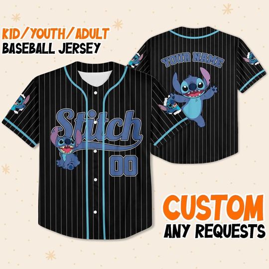 Discover Personalizowana czarno-biała pasiasta koszulka baseballowa z wesołym Stitch'em z Disney'a