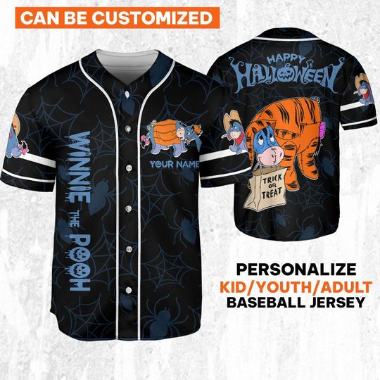 Discover Personalizowana koszulka baseballowa z motywem Halloween i Kłapouchym oraz przyjaciółmi z Disney'a