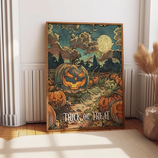 Discover Sztuka ścienna „Cukierek albo psikus” - plakat na Halloween z łatą upiornej dyni