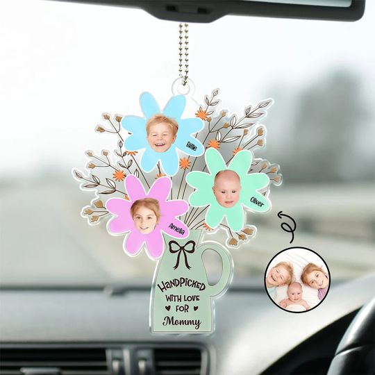 Discover Custom Photo Handpicked With Love For Mommy Nana - Personalized Acrylic Car Hanger