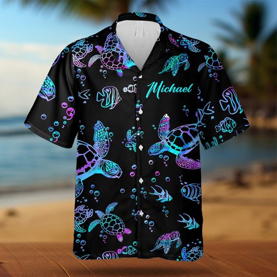 Discover Hologram Turtle Beach Lovers - Personalized Turtle Hawaiian Shirt